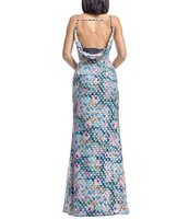 Dress the Population Drae Metallic Floral Print Sweetheart Neck Sleeveless Sheath Gown
