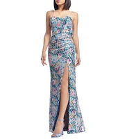 Dress the Population Drae Metallic Floral Print Sweetheart Neck Sleeveless Sheath Gown