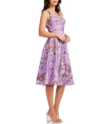 Dress the Population Elisa Floral Pattern Plunge V-Neck Sleeveless Fit & Flare Midi Dress