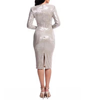 Dress the Population Emmalyn Sequin Round Neck Long Sleeve Bodycon Midi Dress