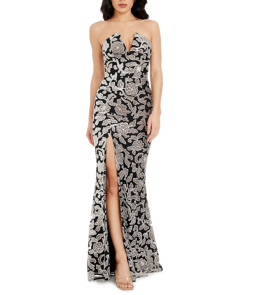 Dress the Population Fernanda Sequin Embroidered Strapless Split Neckline Mermaid Gown