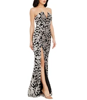 Dress the Population Fernanda Sequin Embroidered Strapless Split Neckline Mermaid Gown