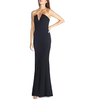 Dress the Population Fernanda Split V-Neck Stretch Crepe Strapless A-Line Gown