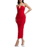 Dress the Population Ferra V-Neck Sleeveless Ruched Midi Bodycon Dress