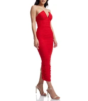 Dress the Population Ferra V-Neck Sleeveless Ruched Midi Bodycon Dress