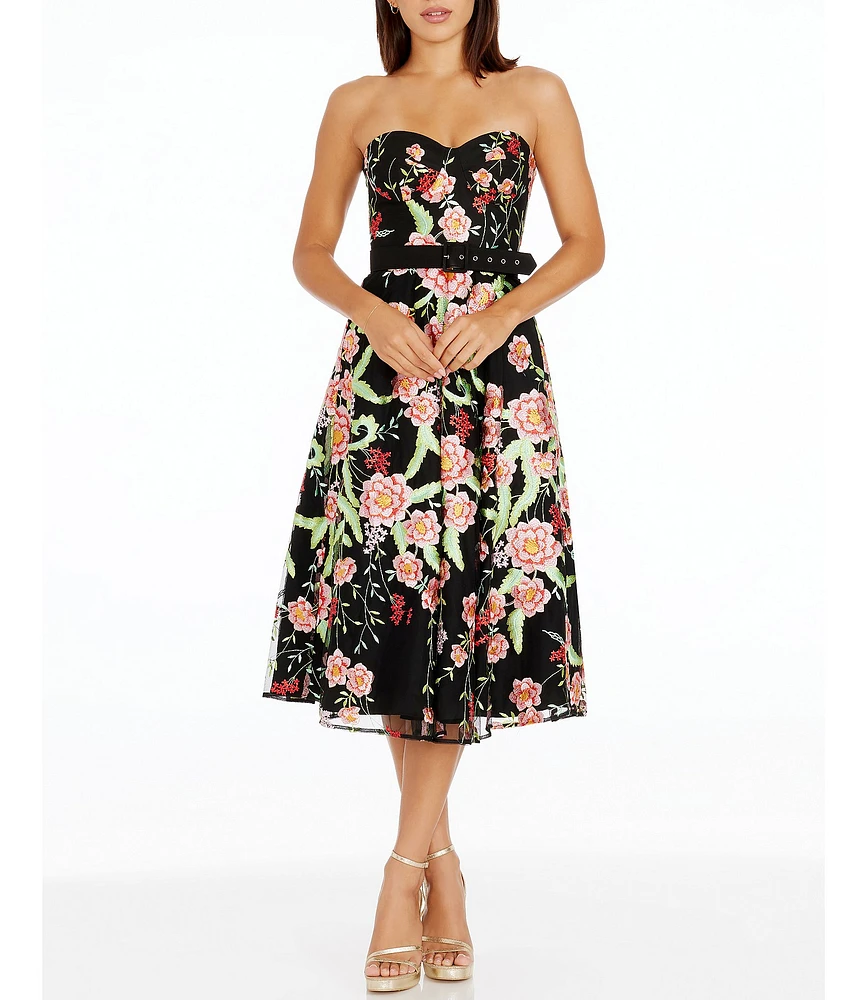 Dress the Population Floral Embroidered Strapless Neck Sleeveless Belted Midi Dress