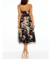 Dress the Population Floral Embroidered Strapless Neck Sleeveless Belted Midi Dress