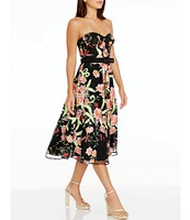 Dress the Population Floral Embroidered Strapless Neck Sleeveless Belted Midi Dress