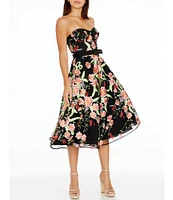 Dress the Population Floral Embroidered Strapless Neck Sleeveless Belted Midi Dress