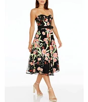 Dress the Population Floral Embroidered Strapless Neck Sleeveless Belted Midi Dress