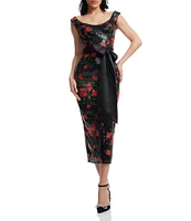 Dress the Population Floral Print Boat Neck Sleeveless Bow Detail Bodycon Dress