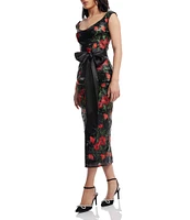 Dress the Population Floral Print Boat Neck Sleeveless Bow Detail Bodycon Dress