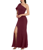 Dress The Population Georgina Bow Shoulder Front Slit Crepe Mermaid Gown