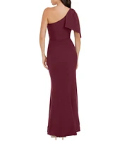 Dress The Population Georgina Bow Shoulder Front Slit Crepe Mermaid Gown