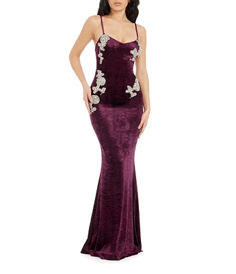 Dress the Population Giovanna Crushed Velvet Sequin Applique V-Neck Sleeveless Mermaid Gown