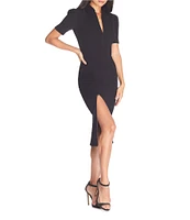 Dress the Population Gloria Front Zip Collar Neck Short Sleeve Side Zip Slit Midi Dress