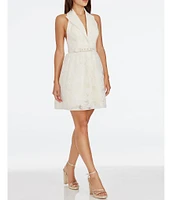 Dress the Population Halter Lapel V-Neck Sleeveless Belted Mini Dress