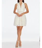 Dress the Population Halter Lapel V-Neck Sleeveless Belted Mini Dress