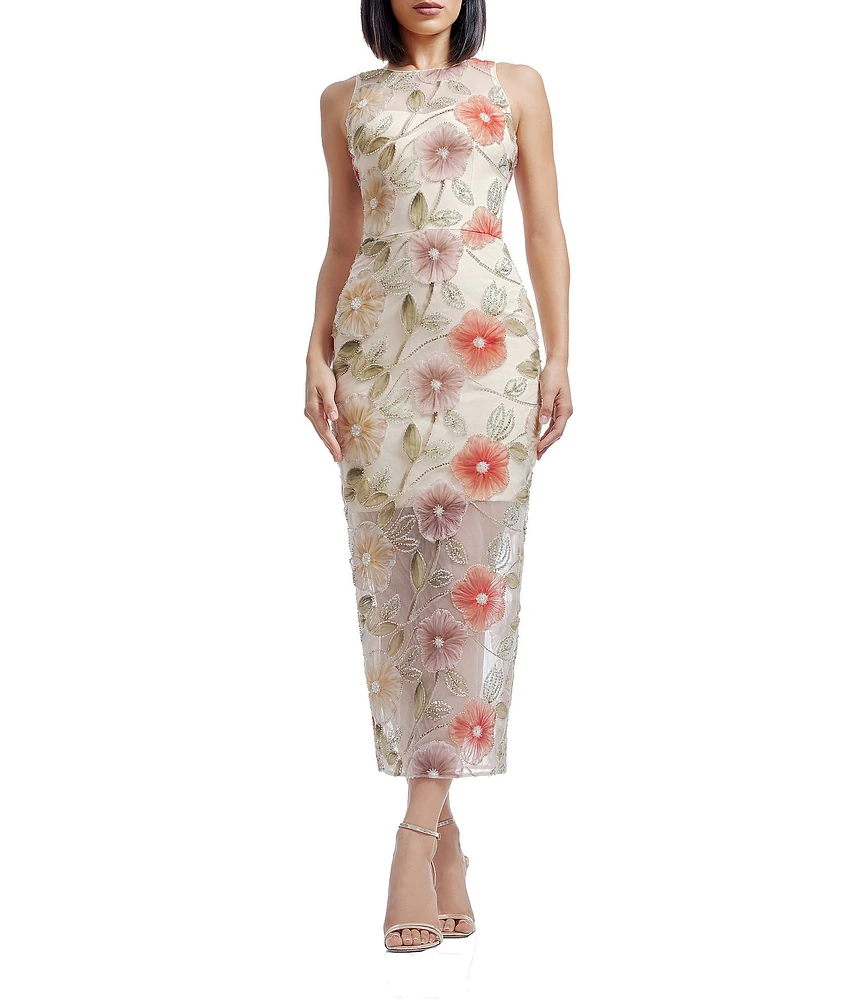 Dress the Population Helena Embroidered Lace Floral Print Crew Neck Sleeveless Sheath Midi Dress