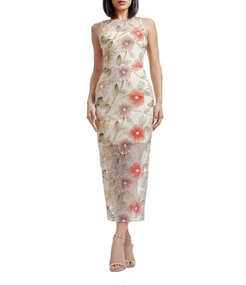 Dress the Population Helena Embroidered Lace Floral Print Crew Neck Sleeveless Sheath Midi Dress