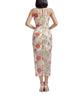 Dress the Population Helena Embroidered Lace Floral Print Crew Neck Sleeveless Sheath Midi Dress