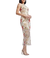 Dress the Population Helena Embroidered Lace Floral Print Crew Neck Sleeveless Sheath Midi Dress