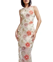 Dress the Population Helena Embroidered Lace Floral Print Crew Neck Sleeveless Sheath Midi Dress
