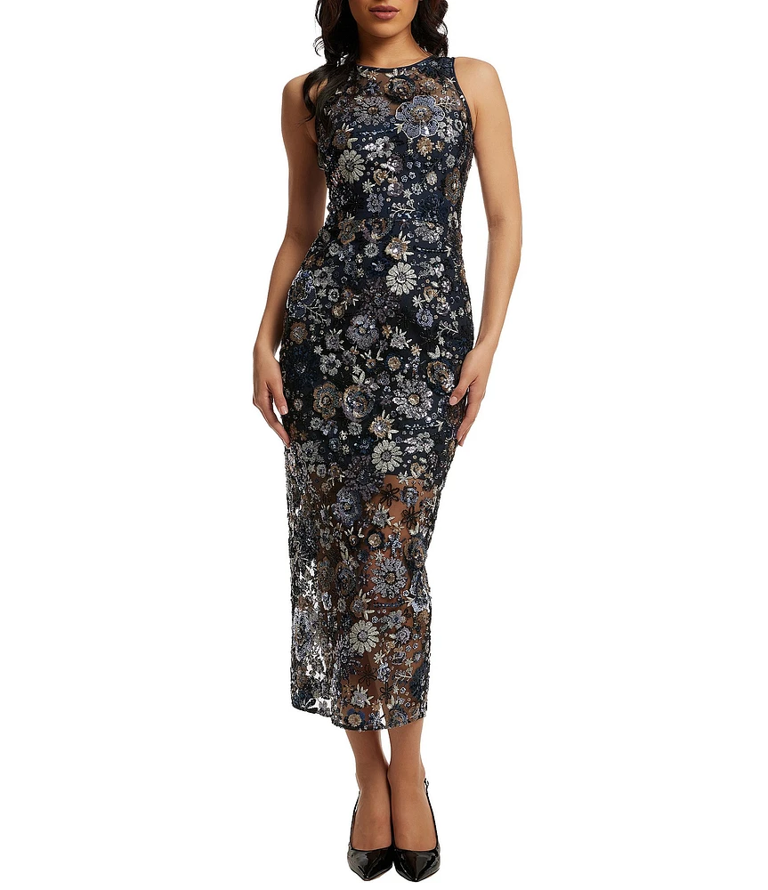 Dress the Population Helena Sequin Floral Round Neck Sleeveless Bodycon Midi Dress