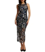 Dress the Population Helena Sequin Floral Round Neck Sleeveless Bodycon Midi Dress