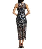 Dress the Population Helena Sequin Floral Round Neck Sleeveless Bodycon Midi Dress