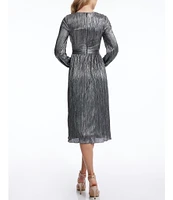 Dress the Population Holly Metallic V-Neck Long Bishop Sleeve Pleated Midi Dress