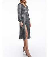 Dress the Population Holly Metallic V-Neck Long Bishop Sleeve Pleated Midi Dress