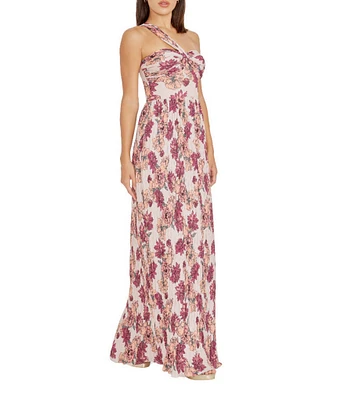 Dress the Population Idalia Floral Print One Shoulder Sleeveless Pleated Maxi Dress
