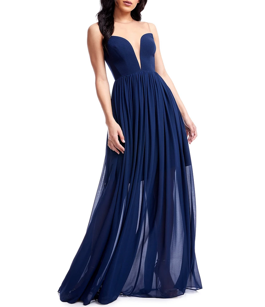 Dress the Population Illusion Plunge Neck Sleeveless Fit and Flare Gown