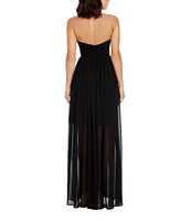 Dress the Population Illusion Plunge Neck Sleeveless Fit and Flare Gown
