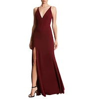 Dress the Population Iris Crepe Plunge V-Neck Thigh High Slit Sleeveless Gown