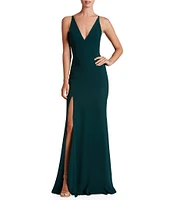 Dress the Population Iris Crepe Plunge V-Neck Thigh High Slit Sleeveless Gown