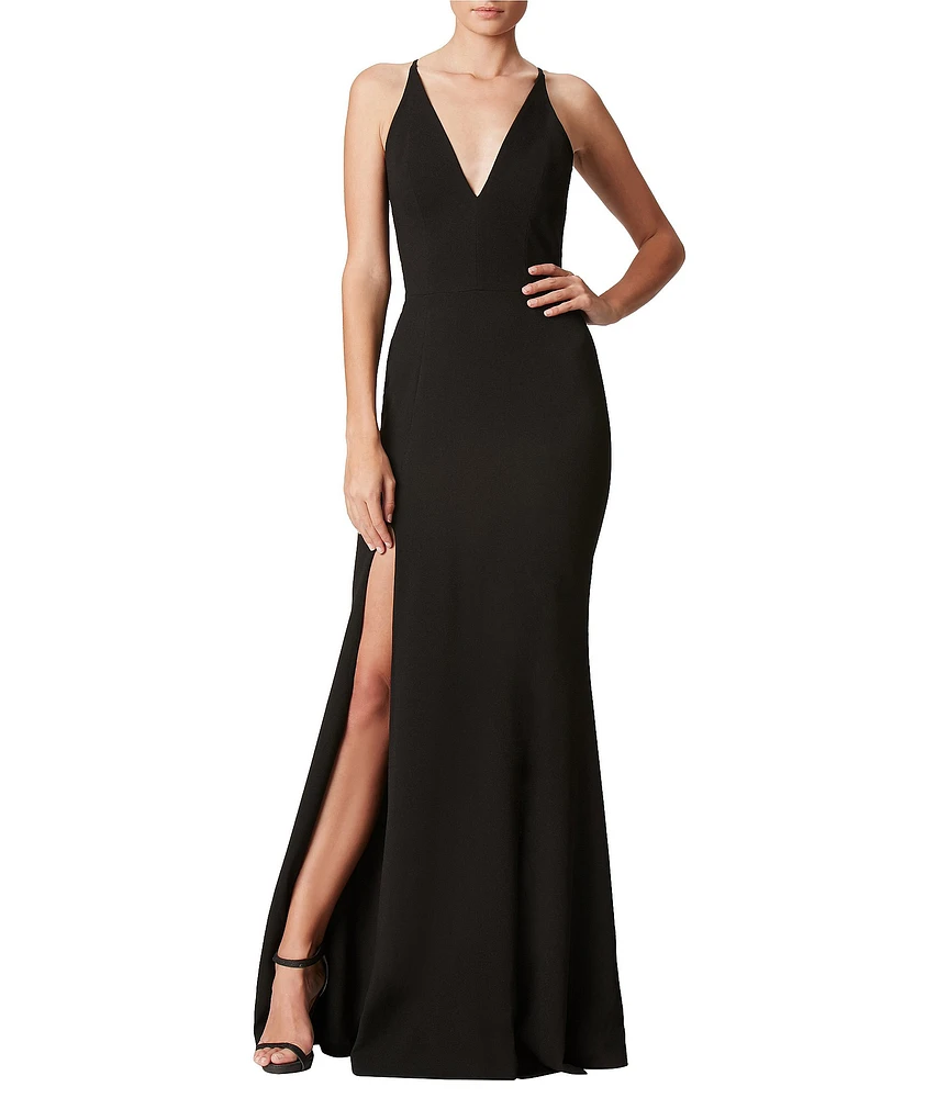 Dress the Population Iris Crepe Plunge V-Neck Thigh High Slit Sleeveless Gown