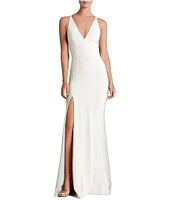 Dress the Population Iris Crepe Plunge V-Neck Thigh High Slit Sleeveless Gown