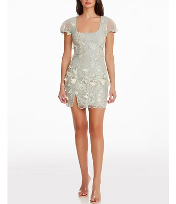 Dress the Population Jillian Sequin 3D Floral Square Neck Short Puff Sleeve Mini Dress