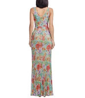 Dress the Population Jordan V-neck Side Ruched Abstract Floral Metallic Chiffon Column Gown