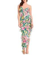 Dress the Population Josefina V-Neck Strapless Floral Print Georgette Ruffle Asymmetrical Maxi Dress