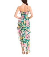 Dress the Population Josefina V-Neck Strapless Floral Print Georgette Ruffle Asymmetrical Maxi Dress