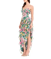 Dress the Population Josefina V-Neck Strapless Floral Print Georgette Ruffle Asymmetrical Maxi Dress
