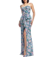 Dress the Population Kai Strapless Ruffle Front Floral Print Metallic Dotted Sheath Gown