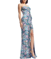Dress the Population Kai Strapless Ruffle Front Floral Print Metallic Dotted Sheath Gown