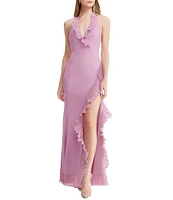 Dress the Population Kathleen Halter Neck Sleeveless Pleated Ruffle Crepe Gown
