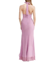 Dress the Population Kathleen Halter Neck Sleeveless Pleated Ruffle Crepe Gown