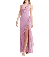 Dress the Population Kathleen Halter Neck Sleeveless Pleated Ruffle Crepe Gown