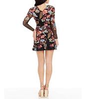 Dress the Population Kelsey Floral V-Neck Long Sleeve Flounce Hem Mini Dress